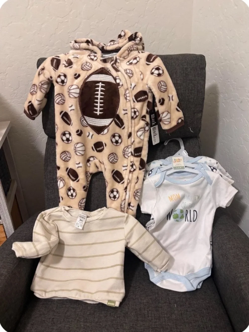 Onesies and football onesie-NEW WITH TAGS, the sweater/shorts worn 2 or 3 times